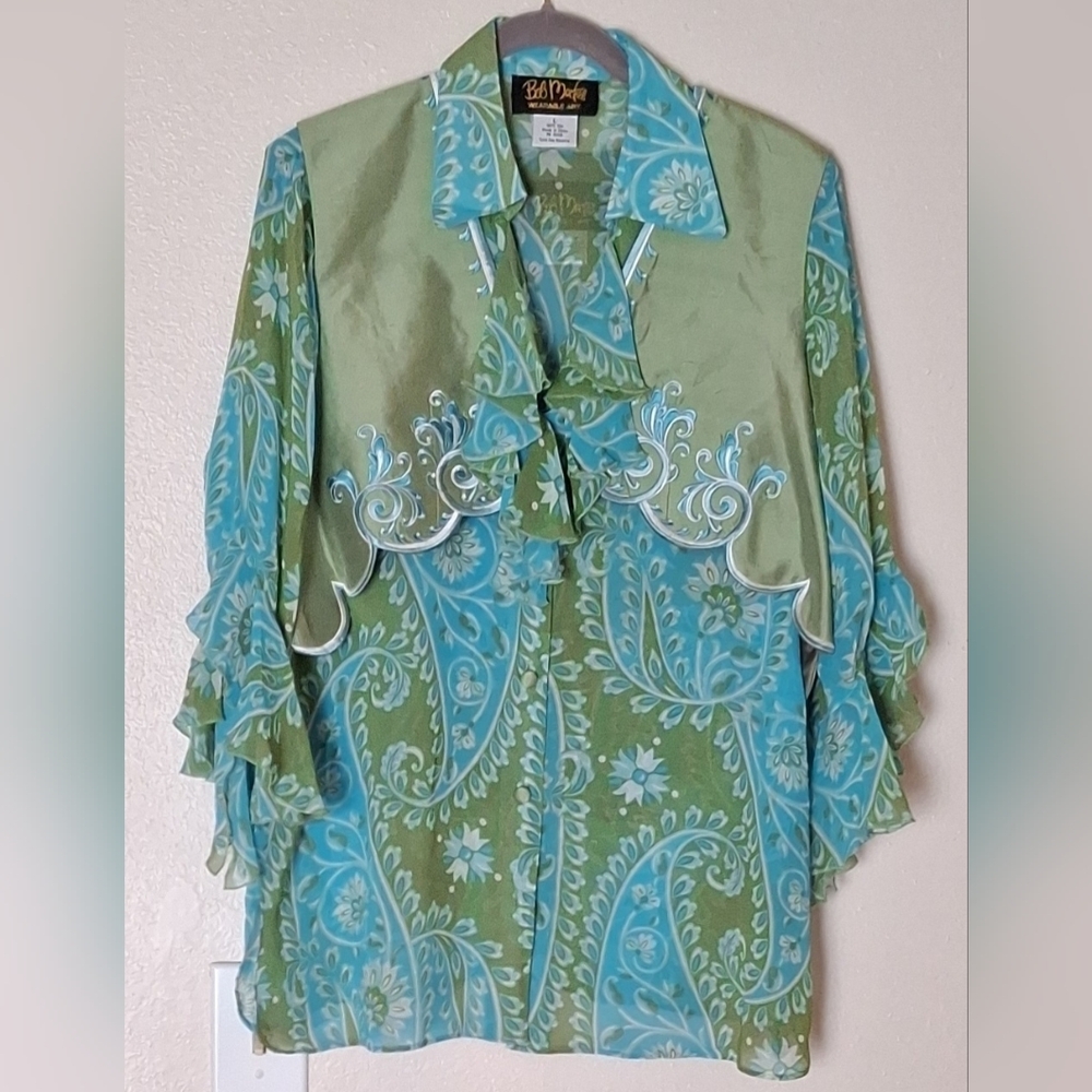 Bob Mackie Ruffle Shirt With Matching Balero Vest, Olive & Aqua, Size L